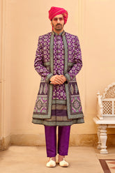 Exclusive latest Purple designer mens indowestern sherwani kurta in pure pv silk and foil print with handwork